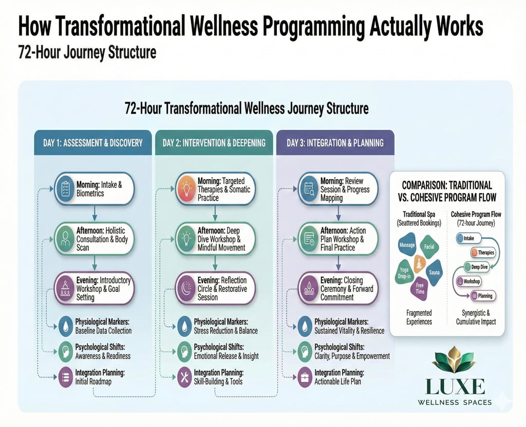 Three-day transformational wellness program structure showing metabolic reset journey timeline