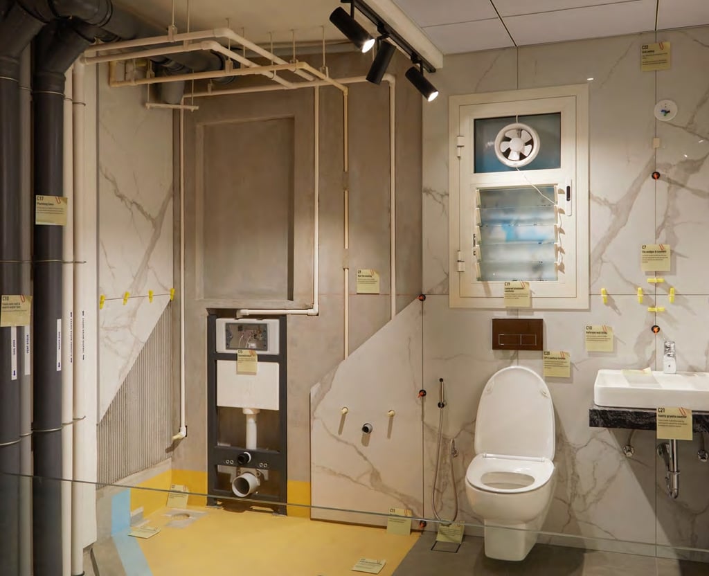 SOBHA Construction Quality —Bathroom Waterproofing – “Two layers of acrylic protection, zero leaks.”