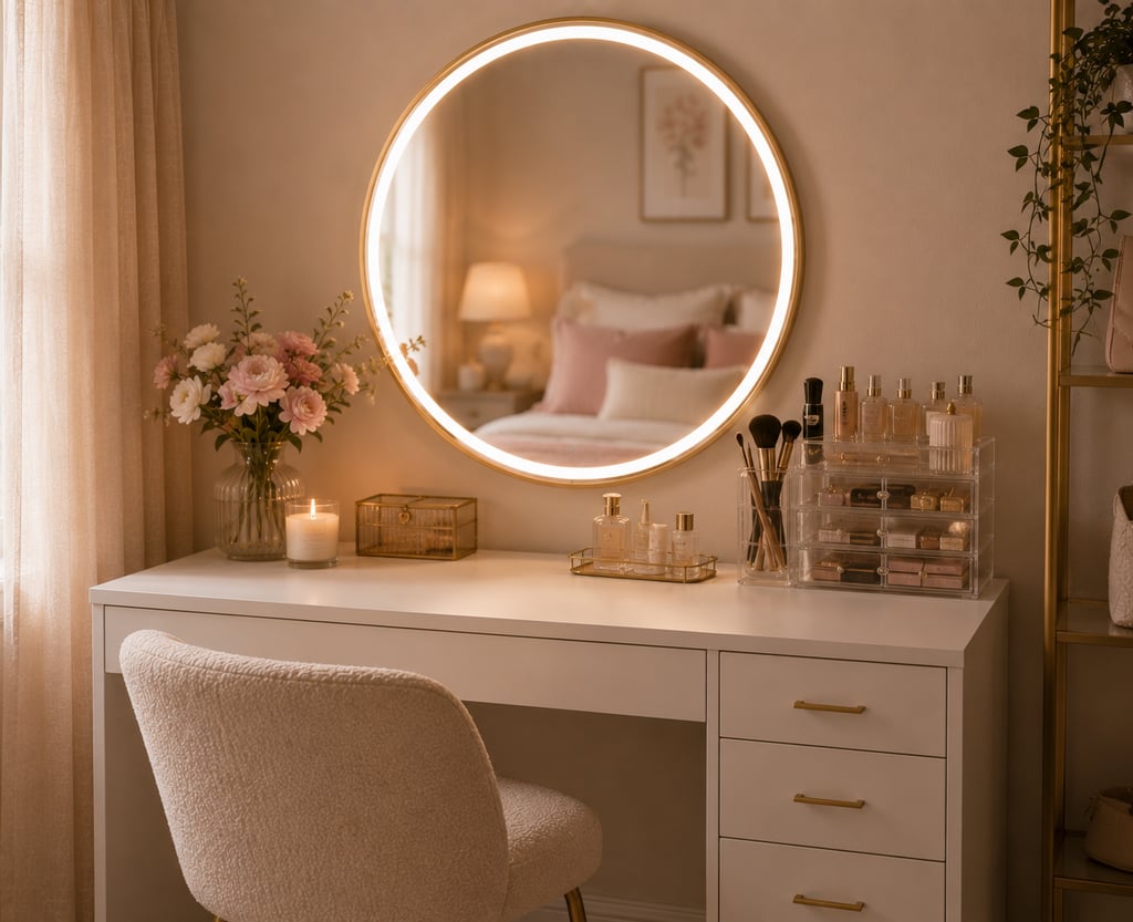 feminine bedroom vanity ideas with round mirror warm lighting and makeup organization