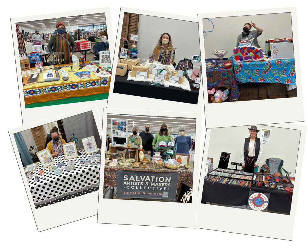 layered photos in polaroid frames showing smiling vendors standing behind their tables