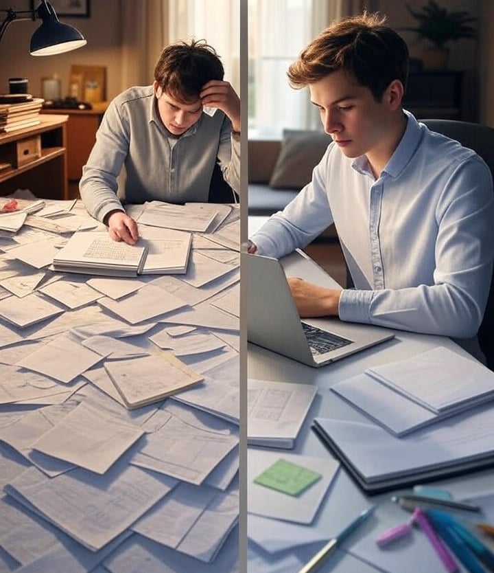 A split-screen of a disorganized person with paper chaos vs. a calm person using a digital planner, 