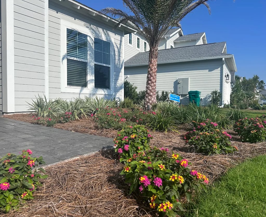 Modern white home with professional landscaping featuring pink and yellow lantana flowers and a palm tree.