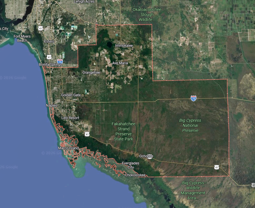 Aerial satellite map of Collier County, Florida, featuring Naples, Big Cypress National Preserve, and Marco Island.