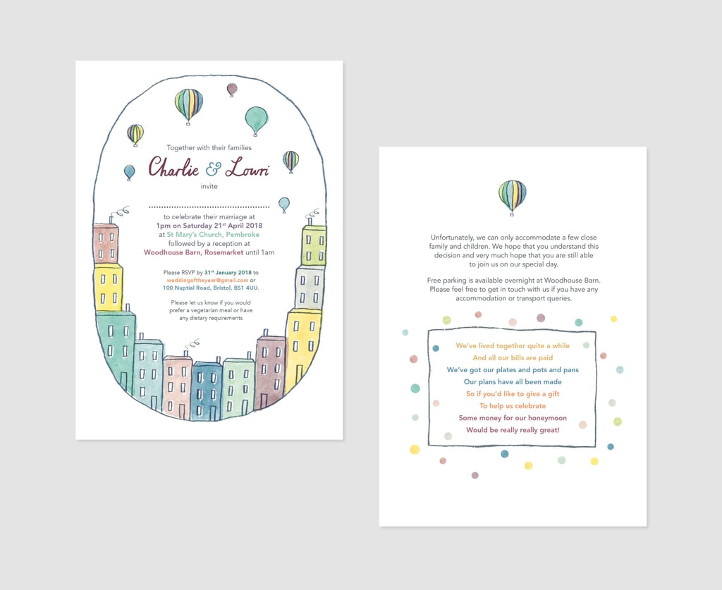 The front and back of a wedding invitation with hot air balloon drawings.
