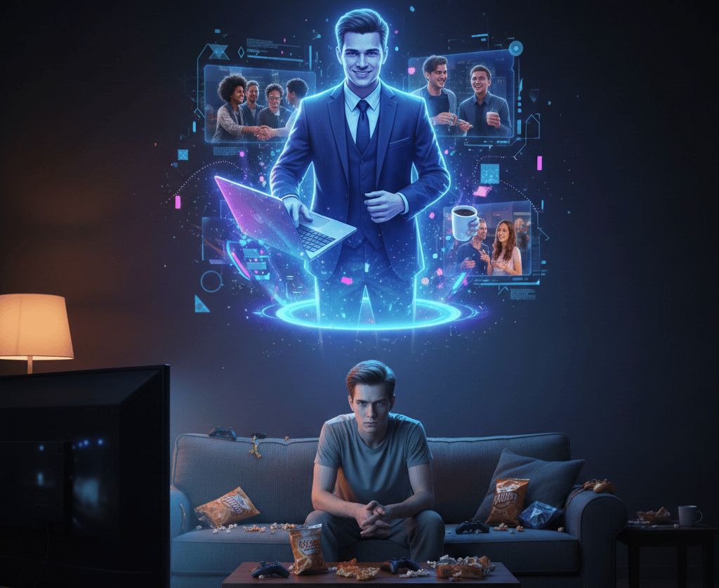 Hombre en sofá mientras su IA holográfica vive su vida social y laboral en su lugar.