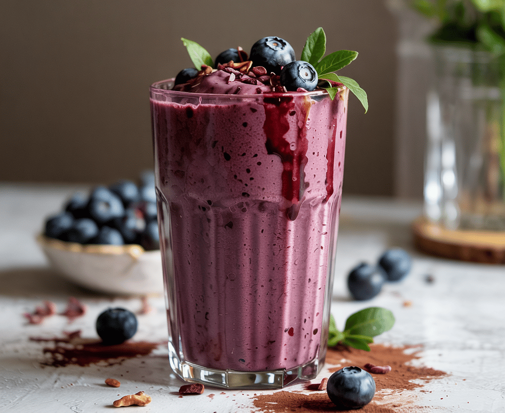 Mood-Lifting Blueberry Cacao Smoothie in a glass,topped with fresh blueberries and almond butter.