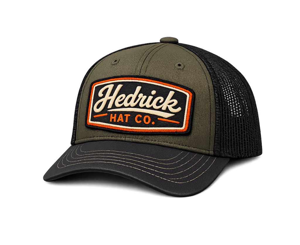 green trucker cap with Hedrick Hat Co patch