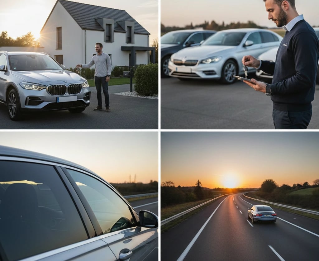 Voiture sur une autoroute lors d'un convoyage longue distance. Convoyeur remettant les clés 