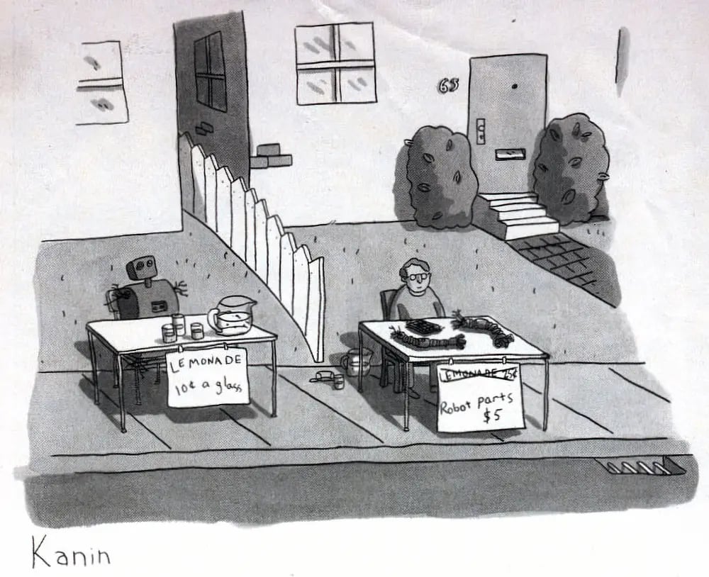 A robot and a child with side-by-side competing lemonade stands.
