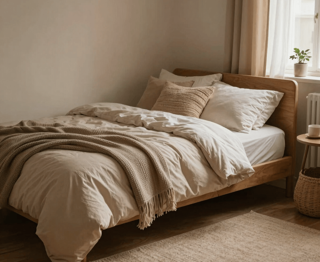 A cozy relaxation corner with soft bedding, rug, and warm lighting, showing comfort and a peaceful