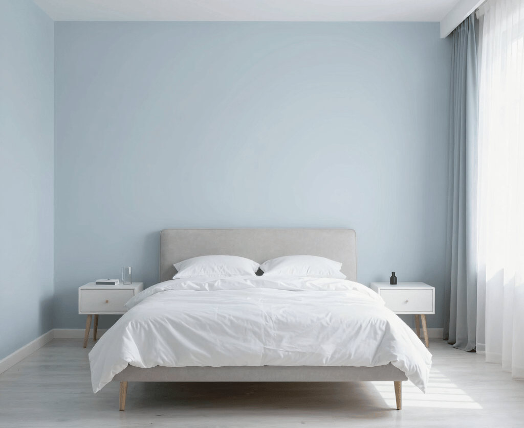 A light colored bedroom with white and soft blue tones reflecting light and making the room feel spa