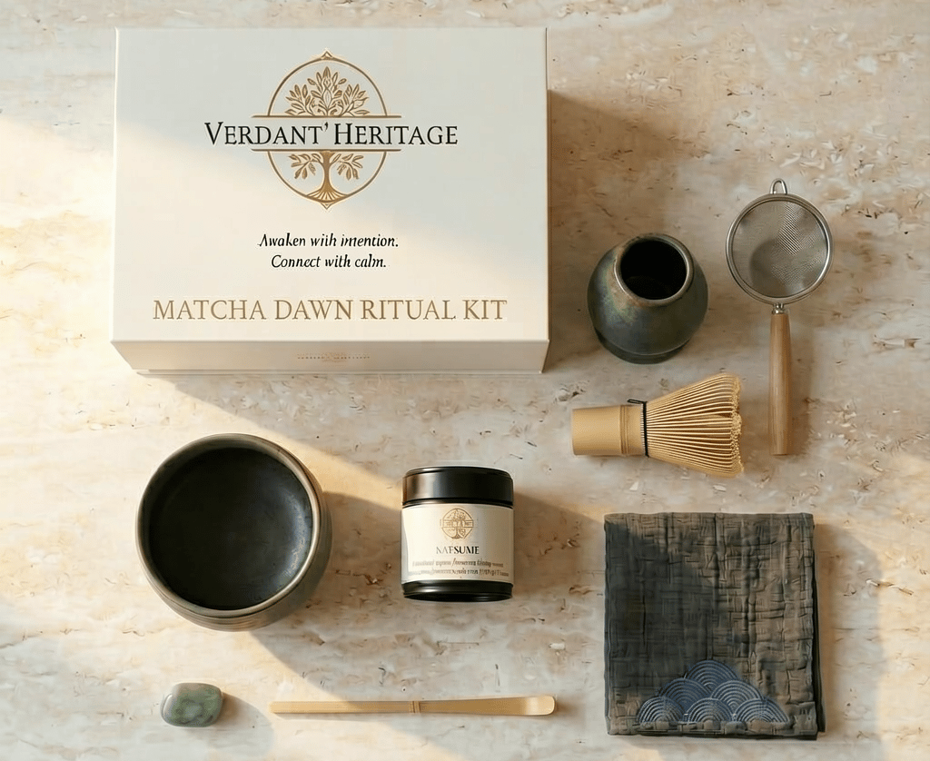 beginner matcha kit with ceramic bowl bamboo whisk and scoop minimal setup verdant heritage