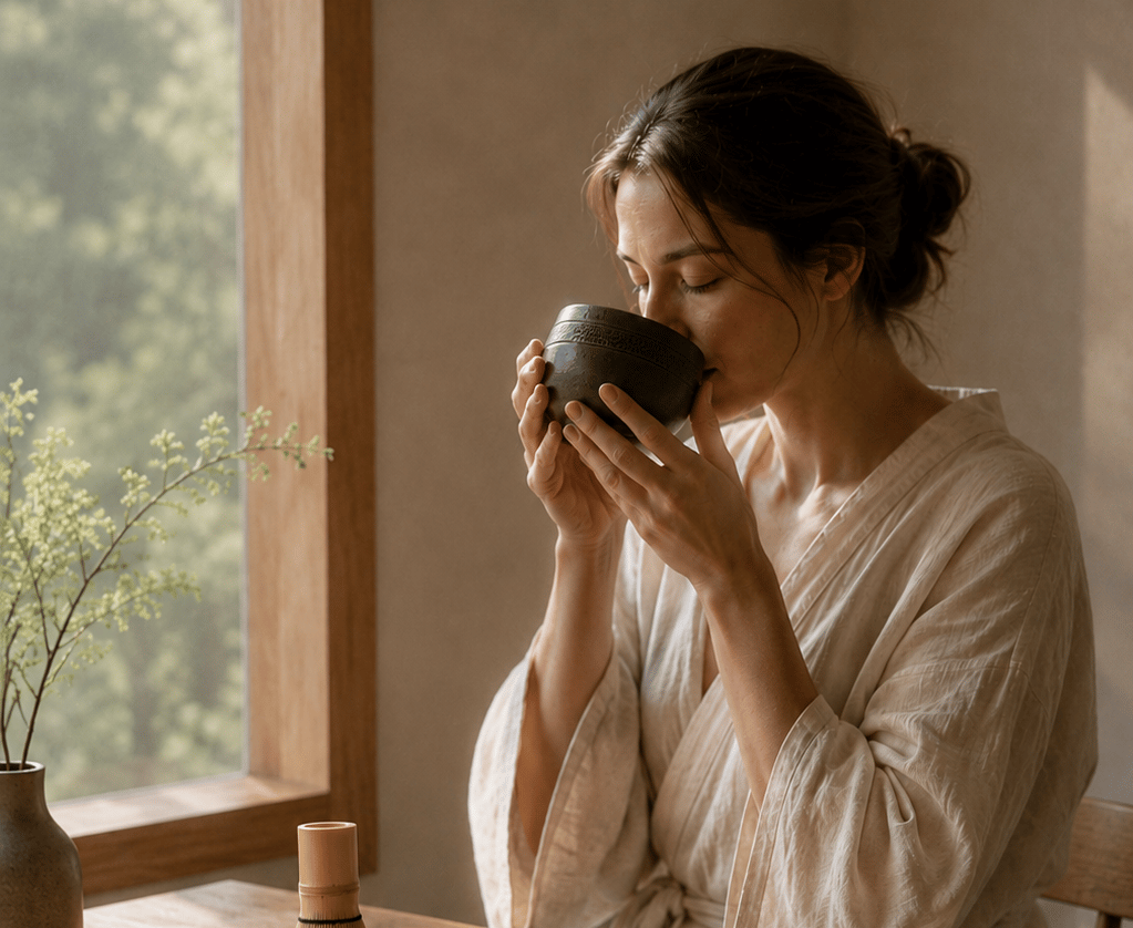 morning matcha ritual by window with ceramic bowl and bamboo whisk