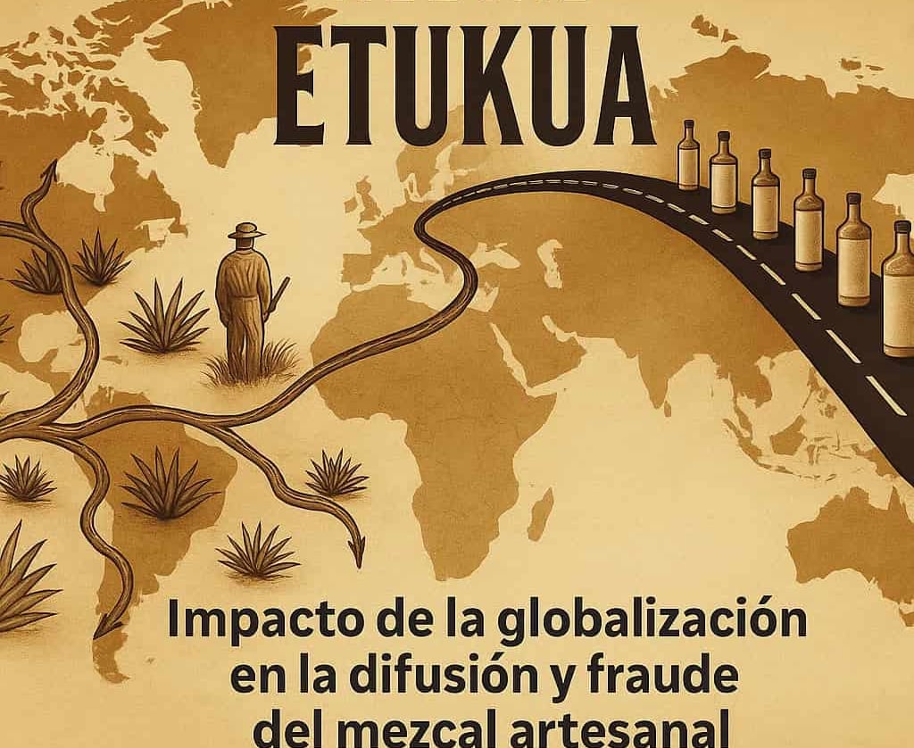 Mapa mundial mostrando rutas de comercio global de mezcal artesanal auténtico versus mezcal industri