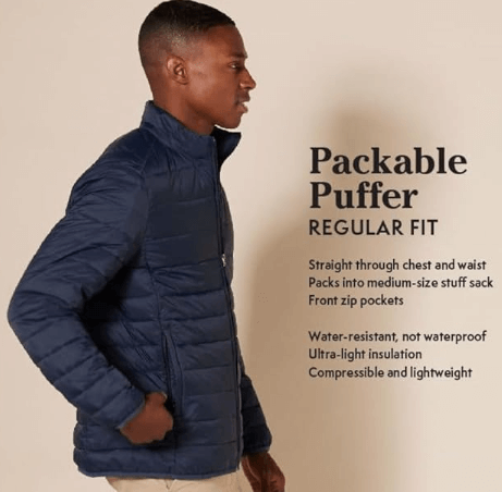 man wearing a packable puffer regular fit Amazon Essentials down jacket