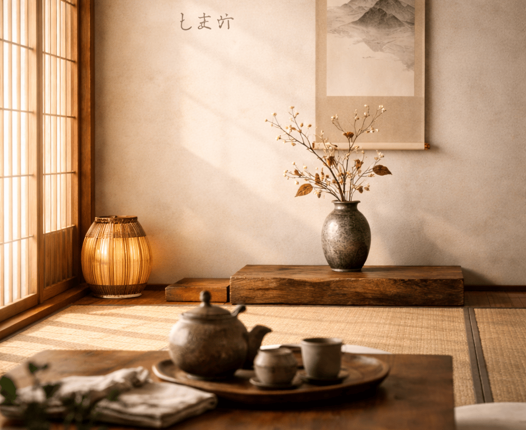 Shibui Japanese interior with tokonoma and ikebana, minimalist traditional design.