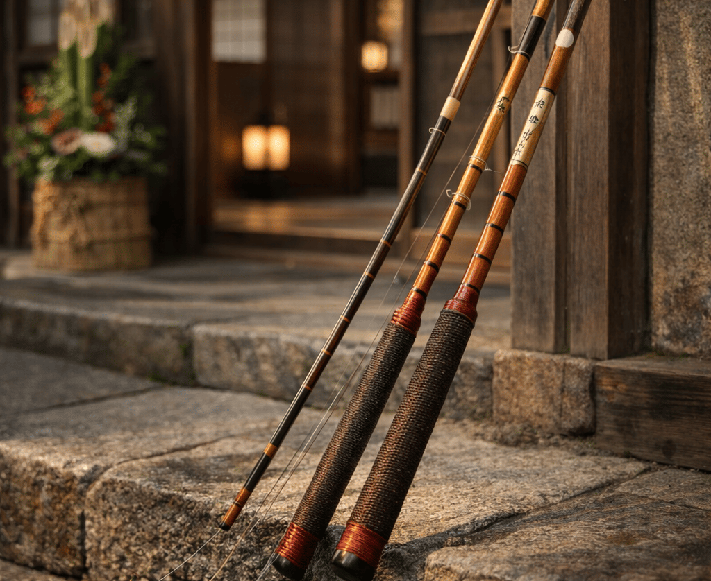 Japanese fishing rods displayed at the entrance of a traditional Japanese house, showcasing precisio