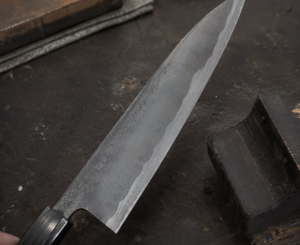 Hand-forged Japanese Gyuto chef knife with a carbon steel blade on a rustic wooden sharpening bench.