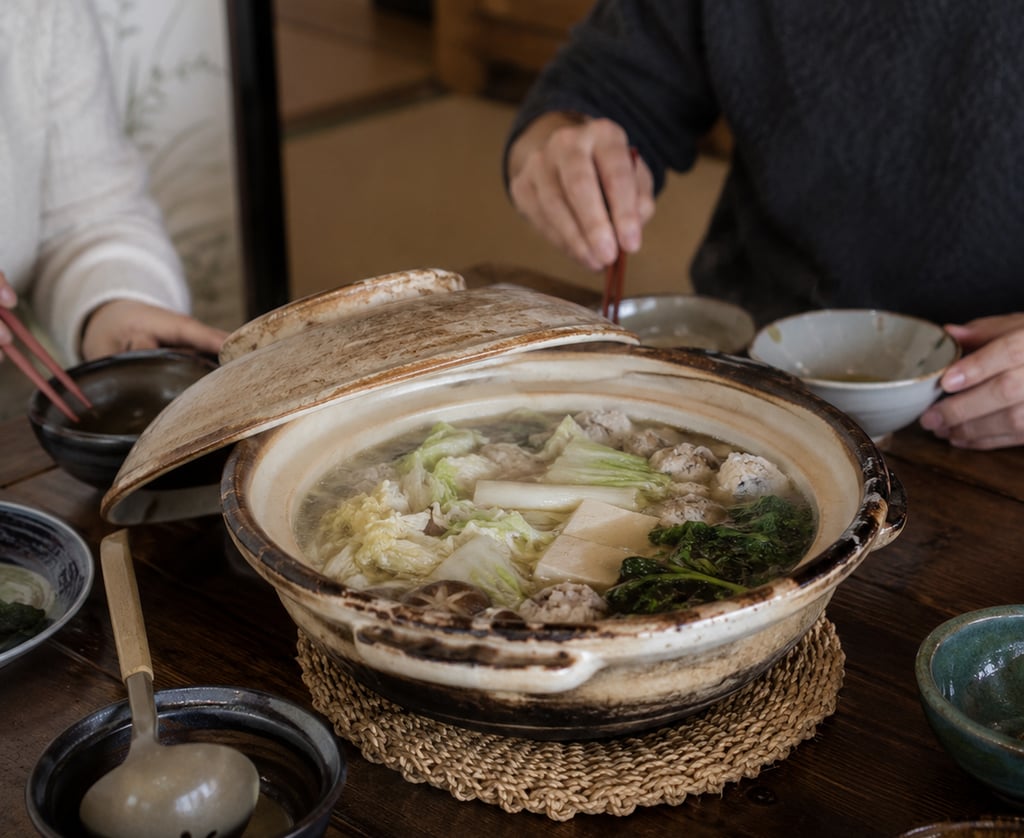 Japanese nabe hot pot with tofu and vegetables served in a ceramic donabe on a wooden table.