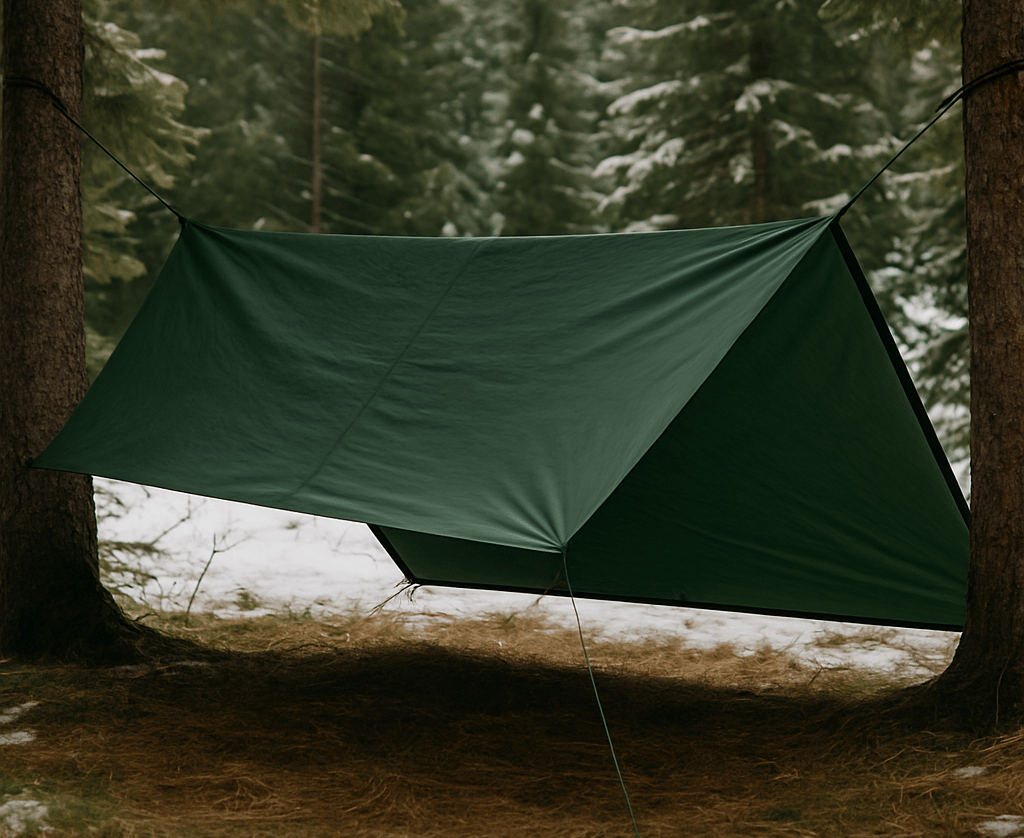 Suspended tarp shelter tied between trees for minimalist forest camping