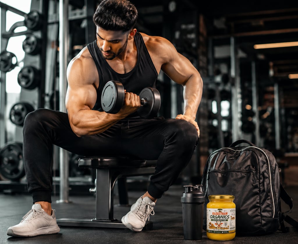 Muscular man working out in a modern gym with a Rajasthan Organics A2 Bilona Ghee jar placed beside