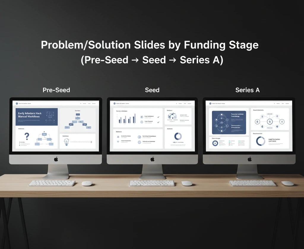 A comparison of startup pitch deck problem-solution slides across Pre-Seed, Seed, and Series A fundi