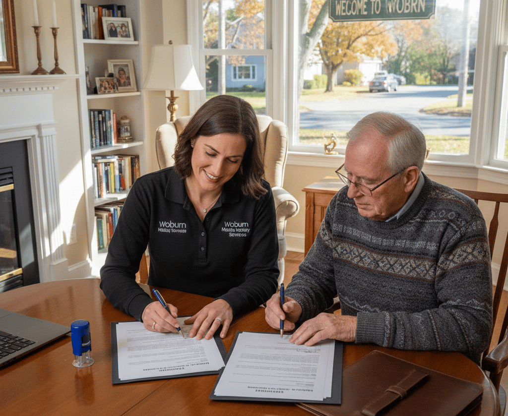 mobile notary helping resident in Woburn Massachusetts sign legal documents