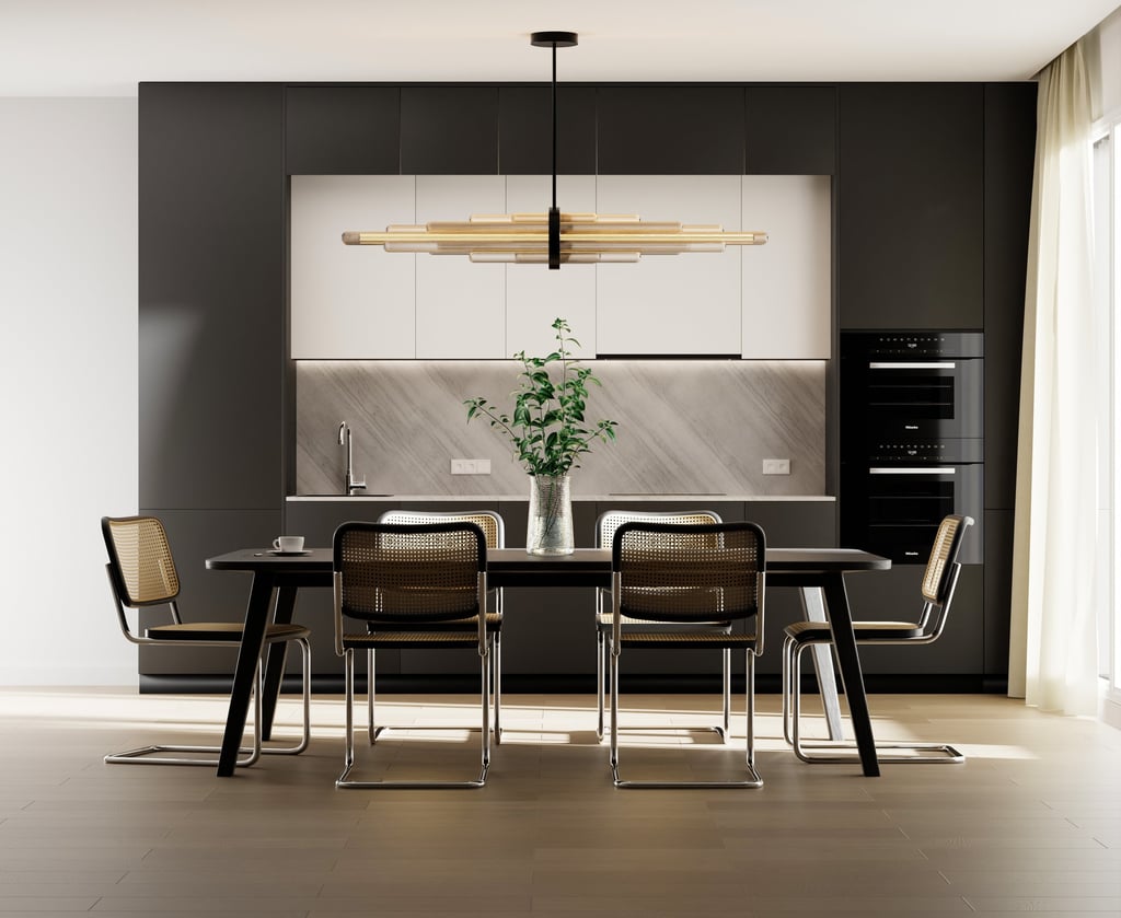 visualisation 3D d'une salle à manger design avec table centrale et éclairage naturel