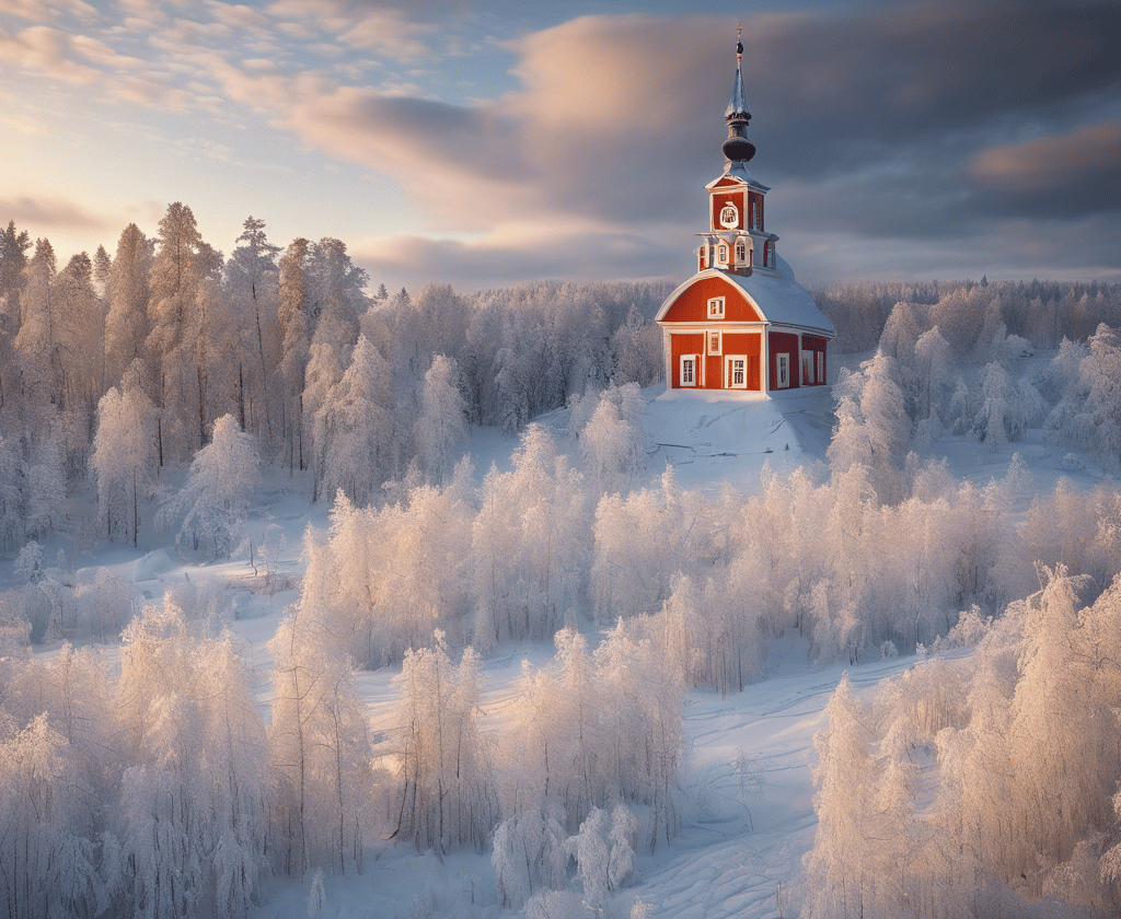 a church with a red church steeple and a steeple