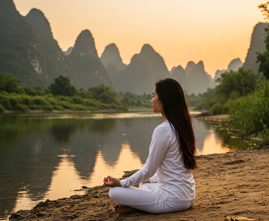 a woman sitting on a beach with a mountain in the background