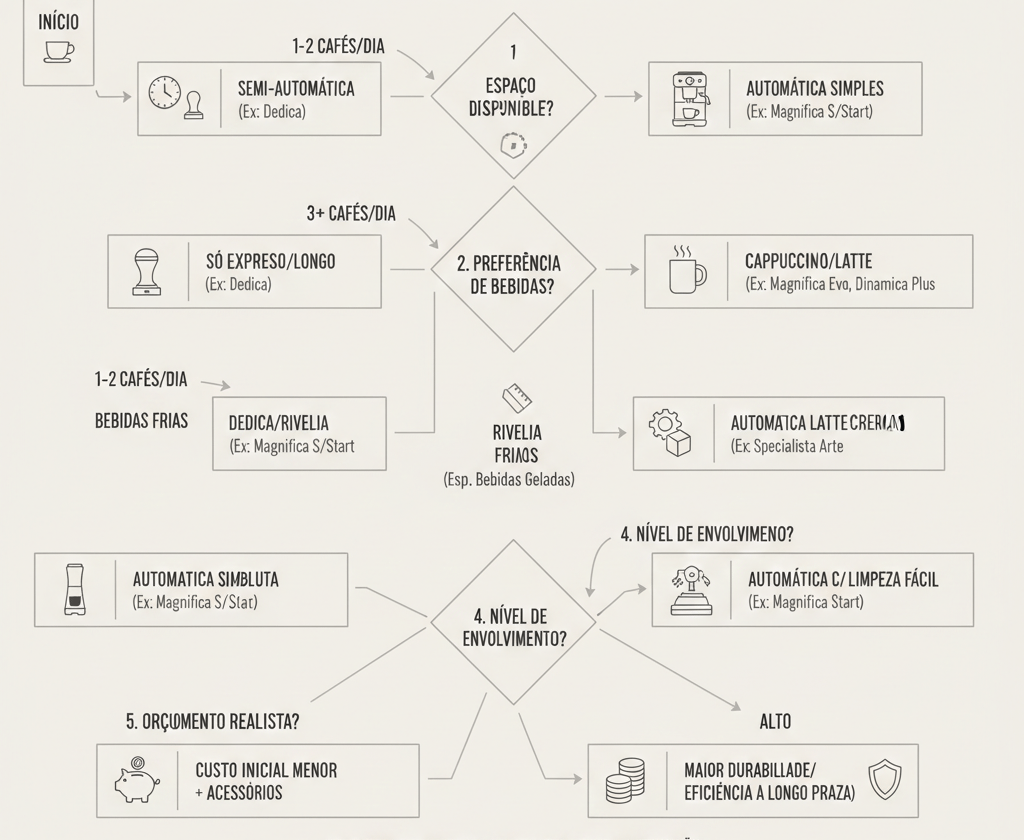 Infográfico de decisão para escolher máquina De'Longhi ideal