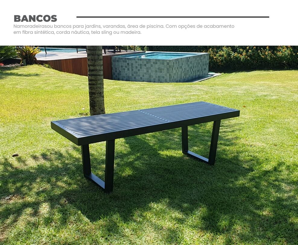Móveis assentos: bancos alto padrão feitas em alumínio, madeira, corda náutica, fibra sintética