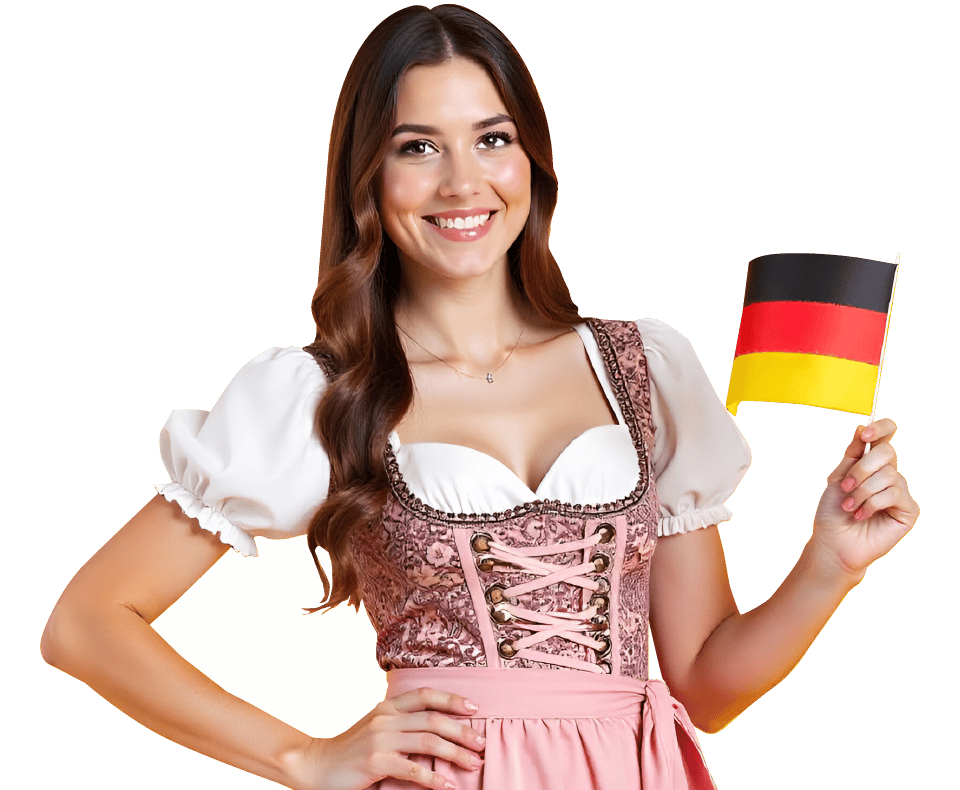 a woman in a pink dress holding a german flag