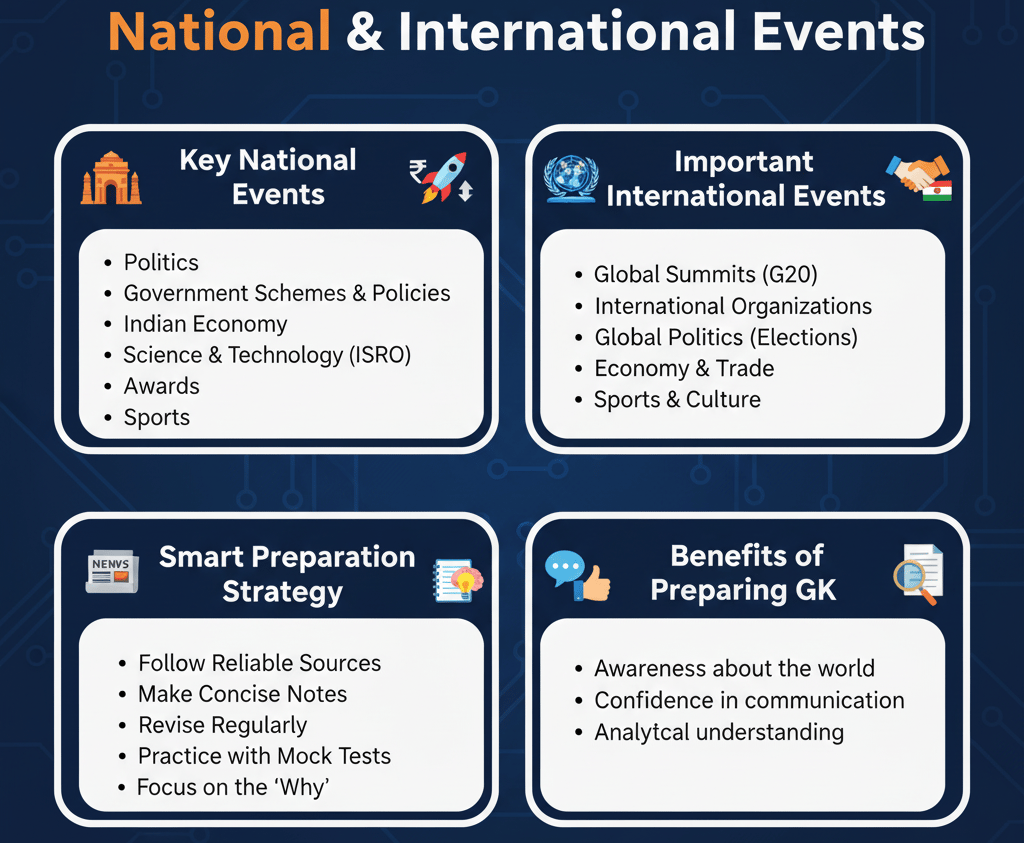 An illustration featuring a world map and a large clock, surrounded by icons for National Events (In