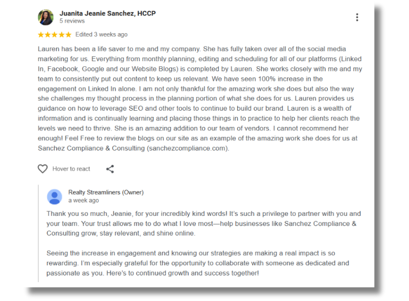 Mock-up showing a positive Google review and a professional owner response for Realty Streamliners Marketing Services