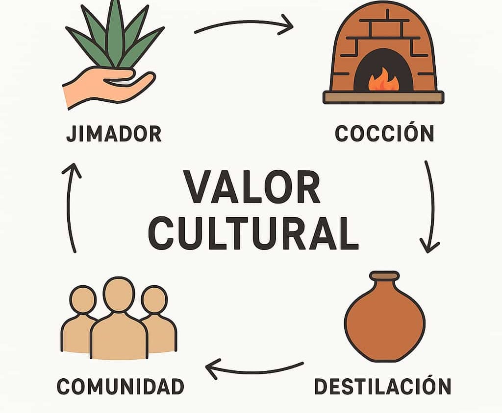 Infografía que ilustra la cadena de valor del mezcal: jimador, maestro mezcalero, familia, comunidad