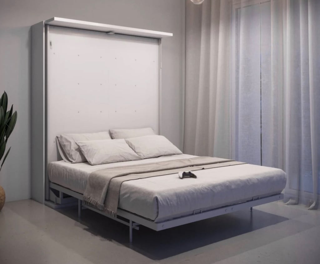 This Murphy bed rotates and turns into a bookshelf with converting desk