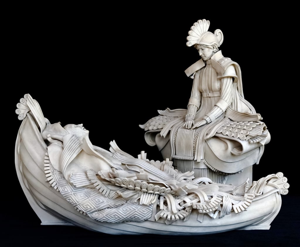 Small ceramic sculpture of armored daughter releasing her mother's body on elaborate funeral boat.