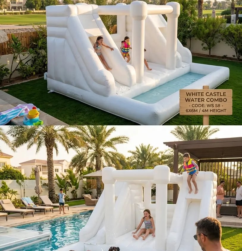 Children playing on a large white inflatable water slide and bounce house with a splash pool in a sunny backyard.