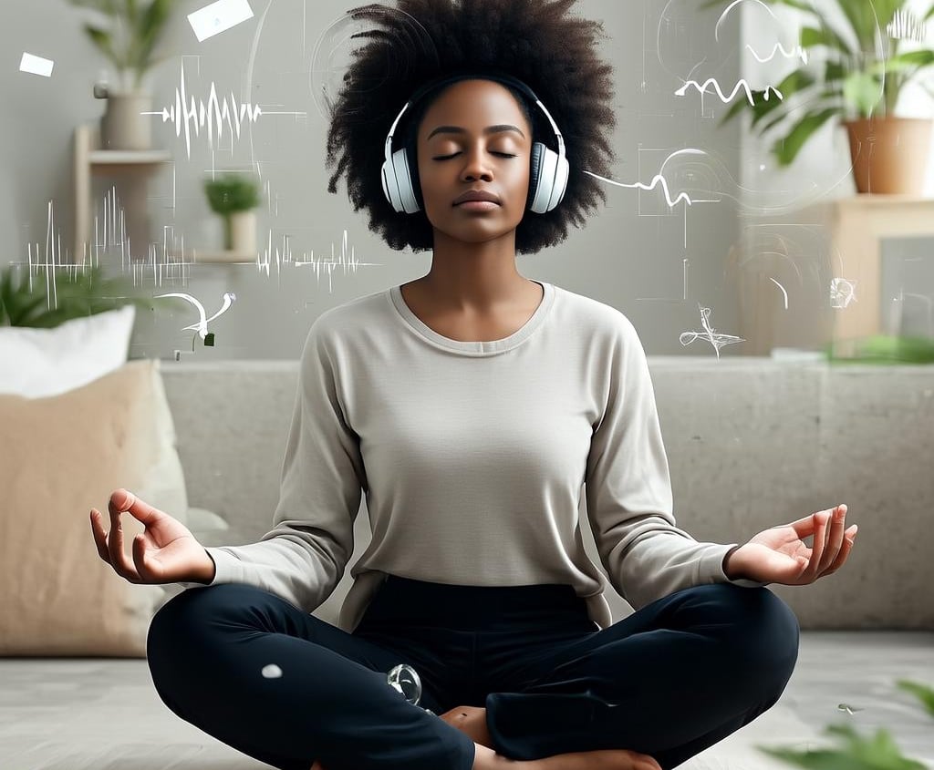 a woman sitting in a yoga pose with headphones on