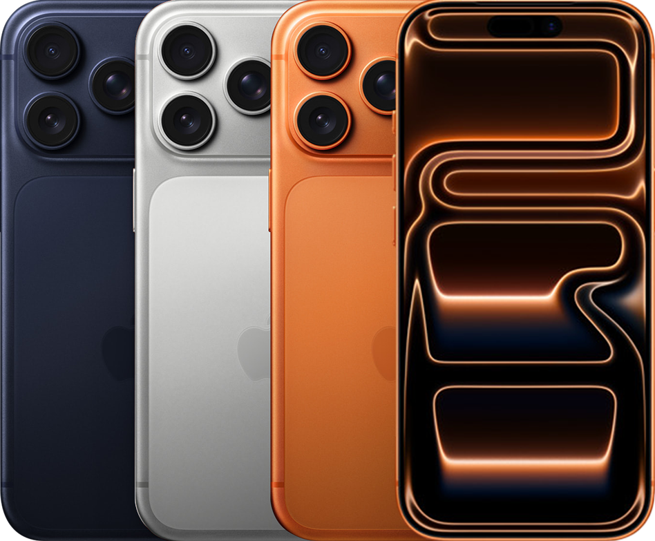 Imagem das três cores (azul, prateado e laranja) do iPhone 17 Pro e do iPhone 17 Pro Max.