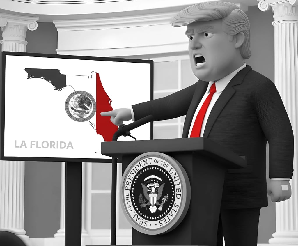 A frustrated Trump points to a map of Florida colored as the Mexican flag.