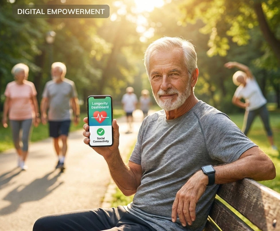 Man in a park holding a smartwatch