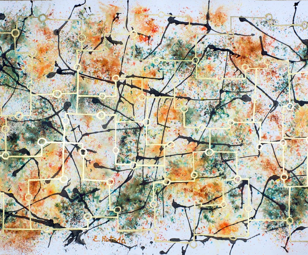 Abstract painting of internet networks using watercolor crystals and sumi ink