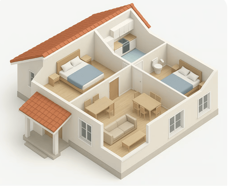3D perspective view and floor plan of a detached single-family house or luxury villa in Alanya, Turk