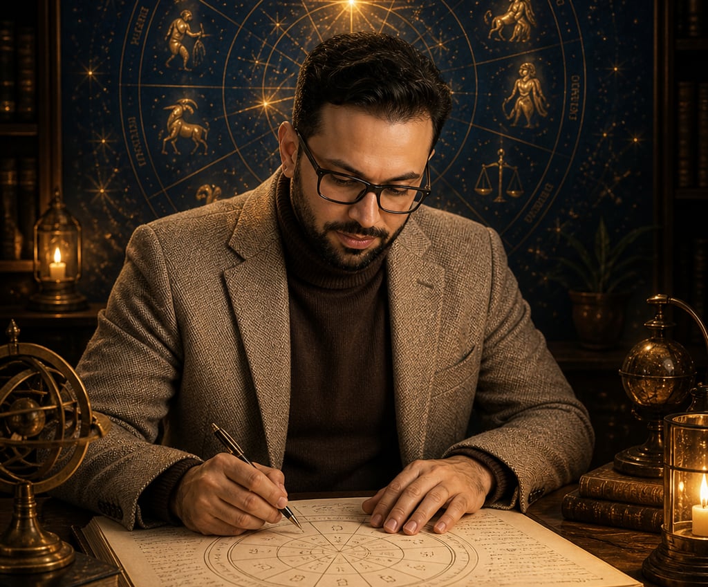 Astrologer studying birth chart before prediction in AAIS astrology