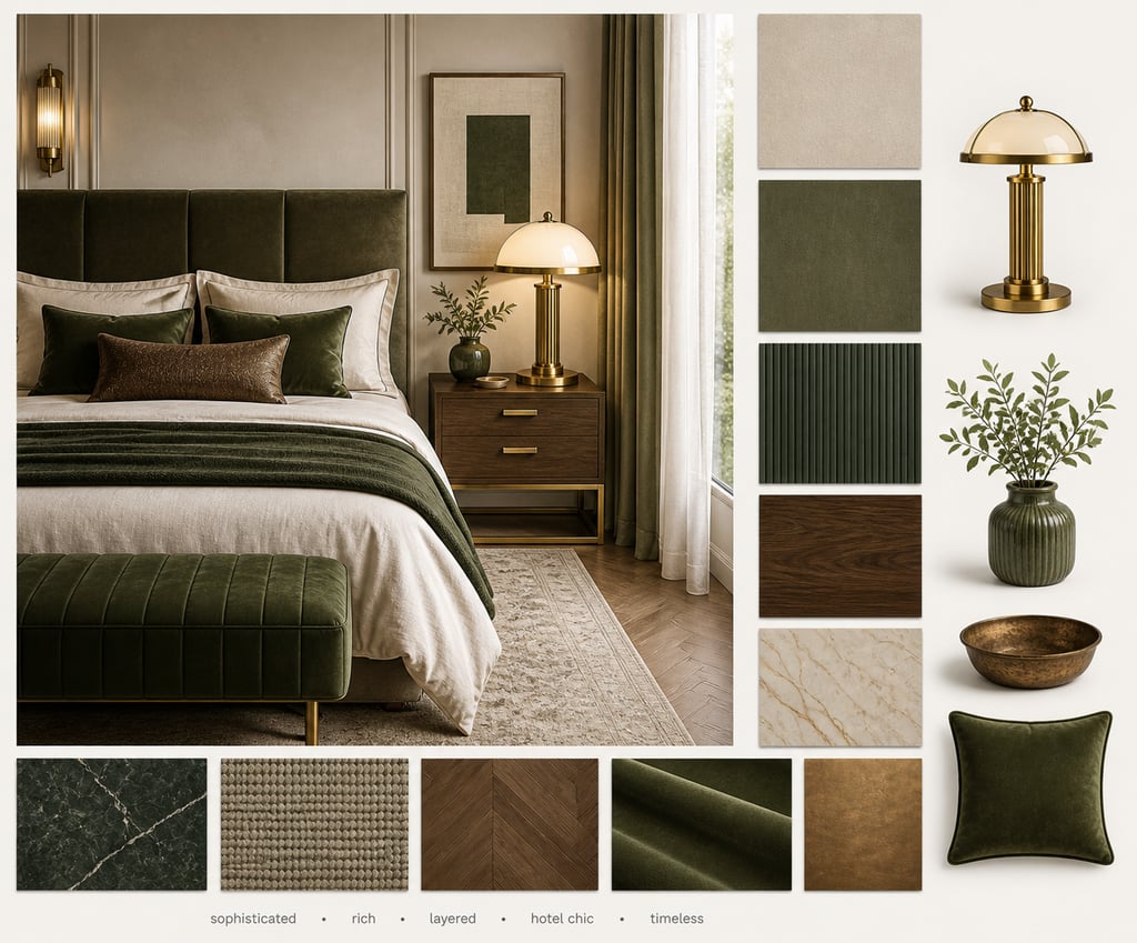 Hotel chic bedroom mood board with soft neutrals, olive green accents, art deco brass lamp and layer