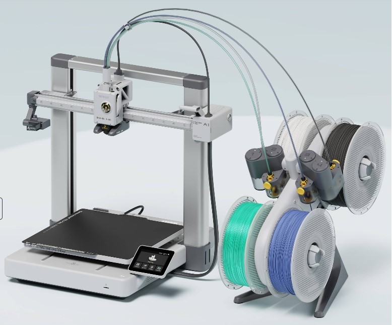 Bambu Lab A1 3D printer with AMS lite multi-color filament system and four spools.