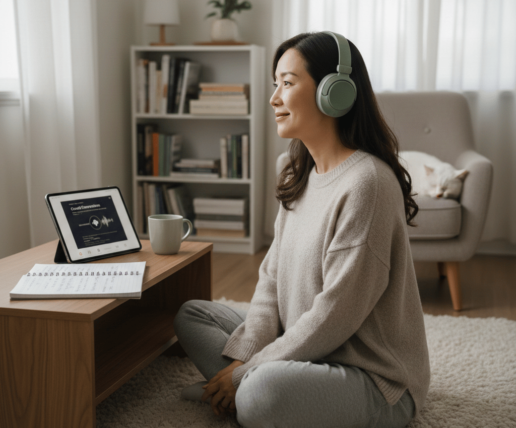 A woman is listing and learning English. 