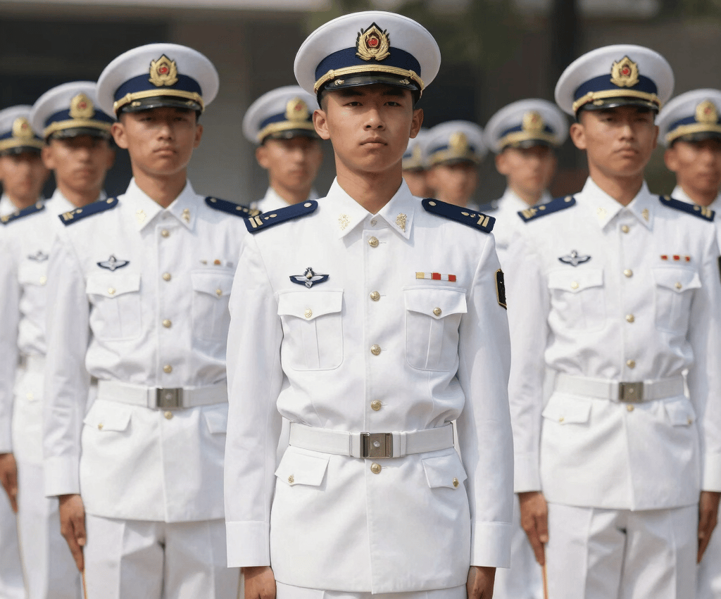 Symmetrical medium shot of disciplined military academy cadets standing in formal white parade uniforms, bright daylight, sharp focus, 35mm